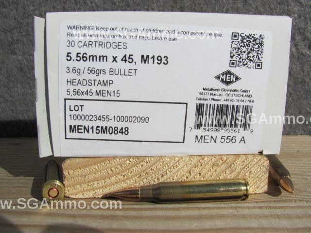 30 Round Box - 5.56mm M193 56 Grain FMJ Military Ammo Made by MEN in Germany - MEN556A